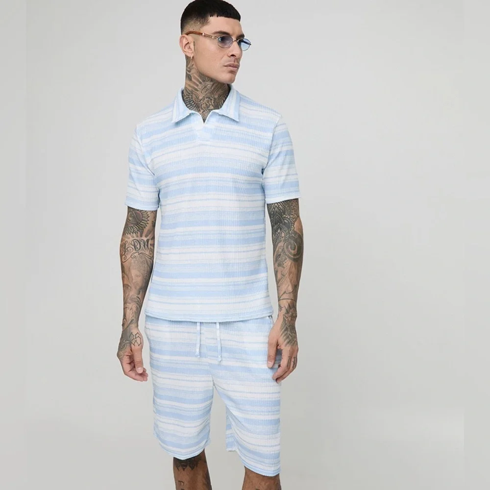 BoohooMAN Tall Slim Revere Abstract Textured Polo Short Set light blue-S